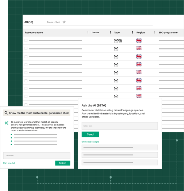 Visual showing One Click LCA’s AI-driven material selection tool analyzing thousands of datapoints to support low-carbon decisions and whole life carbon reporting