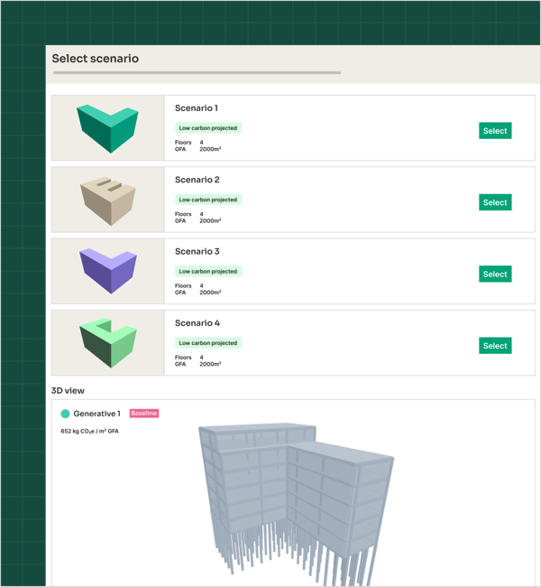 Image illustrating One Click LCA’s Carbon Designer 3D for AI-driven concept modeling to support early-stage decarbonization and whole life carbon reporting