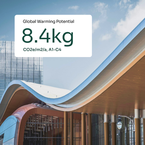 Modern building with an LCA carbon metric showing 8.4kg CO2e/m²/a A1–C4 global warming potential for whole-life carbon assessment