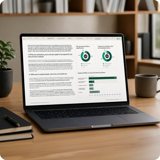 Laptop displaying the 2026 Carbon Experts Report by One Click LCA with EPD market demand research, LCA insights and construction industry decarbonization data for reducing embodied carbon.